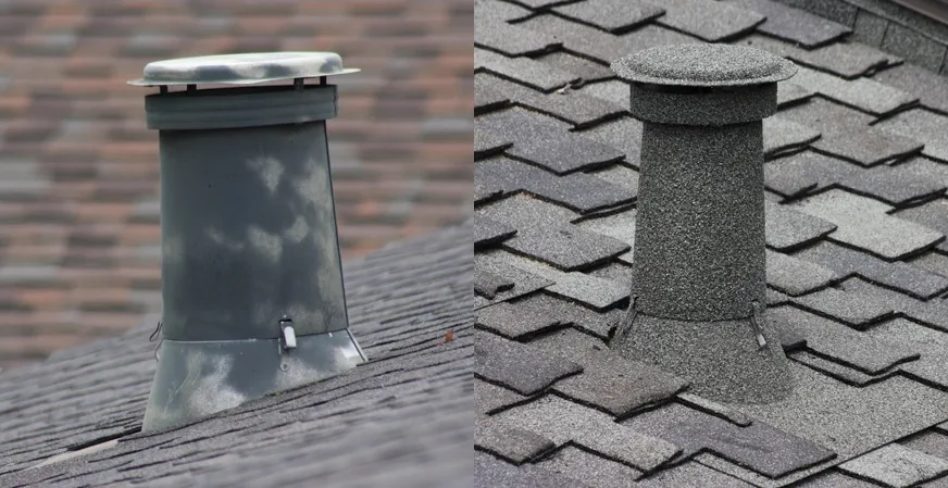 Side by side: a painted pipe jack going bare on the left, a stone-coated pipe jack matched to the shingles on the right