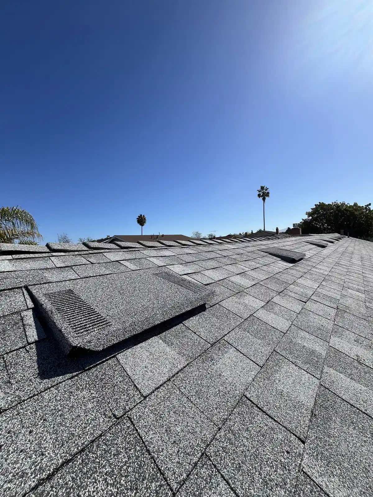 Stone-coated low-profile vent on a gray shingle roof with sun flare and palm trees on the horizon