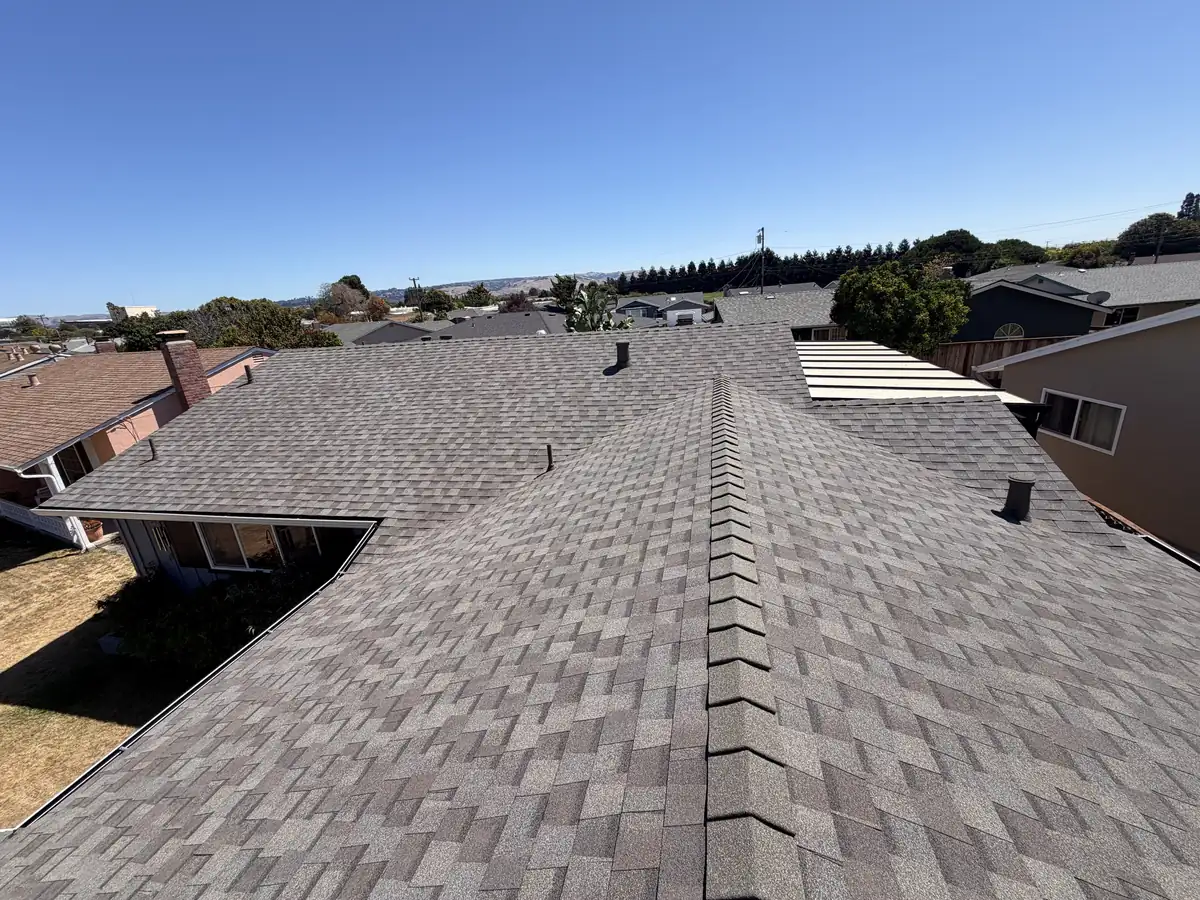 Down the ridge of a new gray shingle roof over a neighborhood of single-story houses, a stone-coated pipe near the ridge